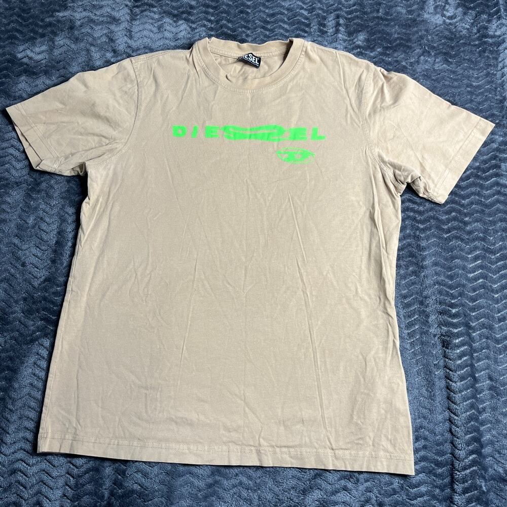Diesel Mens distorted green Logo T-Shirt Beige Size Small
